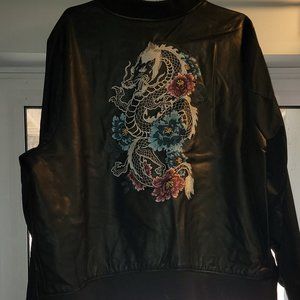 TORRID MIXED FABRIC EMBROIDERED BOMBER JACKET